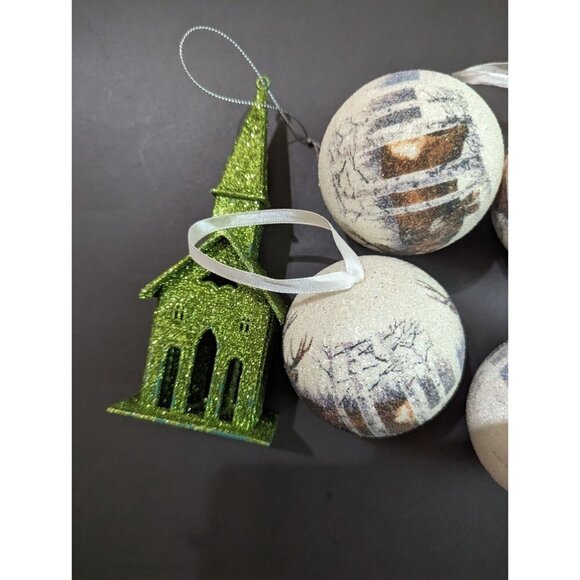 Christams ornament lot  deer church  green white  glitter sparkle - Picture 3 of 9